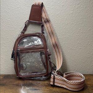 Mroede Stadium Approved Clear Sling Bag Brown Trim Adjustable Strap